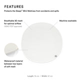 White, oval Stokke Sleepi Mini mattress protector with breathable 3D mesh and waterproof layers.