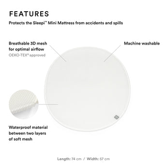 White, oval Stokke Sleepi Mini mattress protector with breathable 3D mesh and waterproof layers.