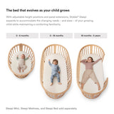 White Stokke Sleepi Mini Mattress in a wooden crib, shown with babies at 0-6 months, 0-18 months, and 18 months-5 years.