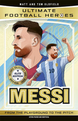 Book cover of 'Ultimate Football Heroes Messi' featuring illustrations of a football player and text.