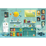 Colorful Usborne "Science Lab" spread from Lift-the-Flap General Knowledge book, showing planets, periodic table, and historical figures.