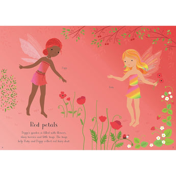 Usborne Little Sticker Dolly Dressing Rainbow Fairy book page with two fairies, red poppies, and strawberries.