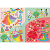 Open sticker book showing rainbow fairy outfits, red poppy scenes, and various stickers.