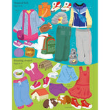 Colorful sticker book page with various outfits, shoes, accessories, and pets for dressing dolls.