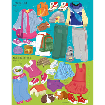 Colorful sticker book page with various outfits, shoes, accessories, and pets for dressing dolls.
