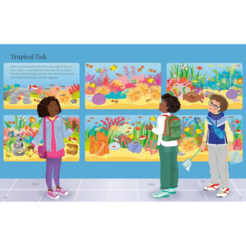 Children Zahra, Ethan, and Kit at a pet store, looking at colorful tropical fish tanks.