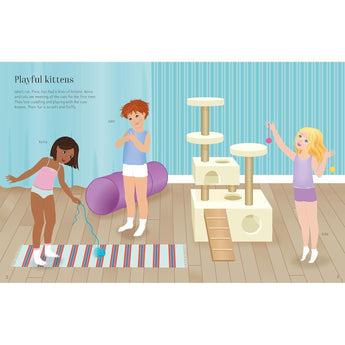 Children playing with kittens and a cat tree in a light blue room, from the Sticker Dolly Dressing Pets book.