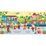 Colorful Usborne "Things That Go" sound book spread with animals at a train station, featuring a blue train and town.