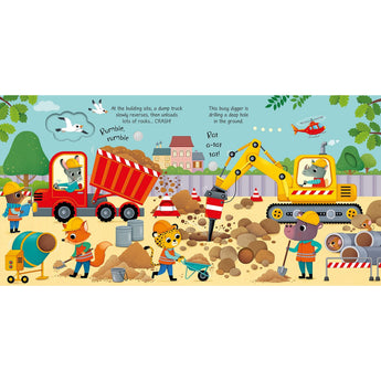 Colorful Usborne "Things That Go" sound book spread with cartoon animals operating construction vehicles.