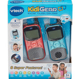 Vtech KidiGear walkie talkies explorer packaging with two walkie talkies on a blue background.