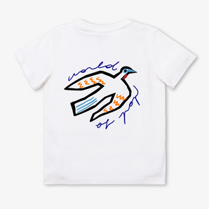White organic cotton kids’ T-shirt with “Birds Protect” print on front and back