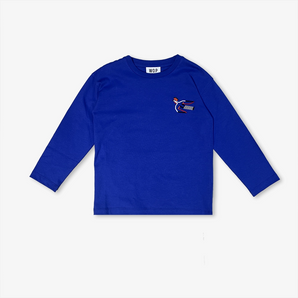 Children’s long-sleeve blue T-shirt front/back ‘Birds Protect’ in organic cotton
