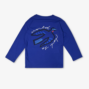 Children’s long-sleeve blue T-shirt front/back ‘Birds Protect’ in organic cotton