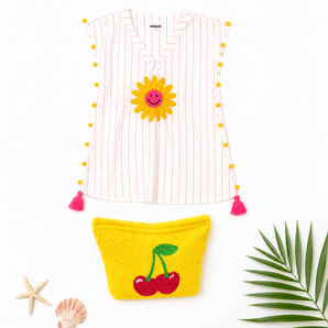 Kids Beach Towel Pouch - Yellow with Pink Cherry