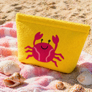 Kids Beach Towel Pouch - Yellow with Pink Crab