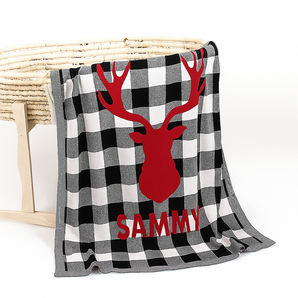 Personalized Christmas Blanket with Grid and Reindeer Designs