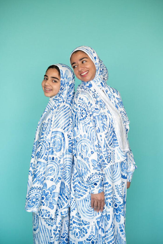 Adult Blue/White Prayer Outfit With a Wrap Around Head Scarf ONE PIECE - My Little Thieves