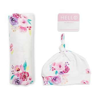 Bamboo Hat + Swaddle blanket - Posies - My Little Thieves
