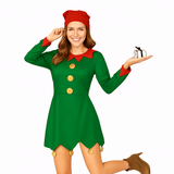Person wearing a green elf costume with a red hat on a white background