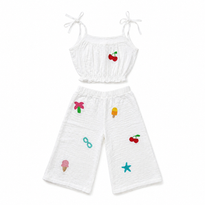 Girls White Summer Set – Embroidered Top & Pants Outfit
