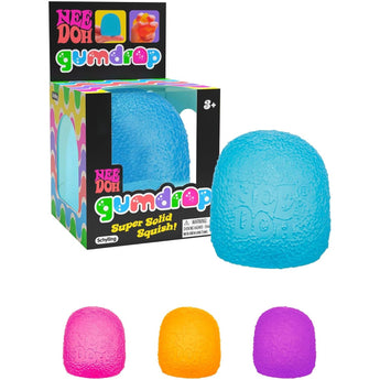 NEE DOH Gumdrop Squishy Fidget Toy in blue, pink, orange, and purple, with textured surface.