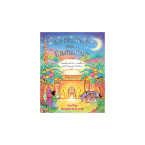 Book cover of 'My First Book About Ramadan' with colorful illustration of a mosque and children.