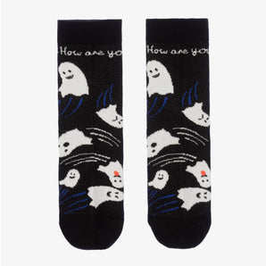 Black socks with ghost illustrations and 'How are you' text on a white background