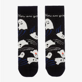 Black socks with ghost illustrations and 'How are you' text on a white background