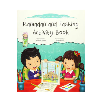 Activity book cover with two children coloring, text 'Ramadan and Fasting Activity Book' on a green background.