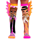 Colorful socks with character design on a pink background, featuring the LOL Surprise! brand.