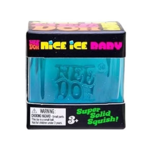NEE DOH Nice Ice Baby blue squishy fidget toy in clear plastic packaging with "Super Solid Squish!" text.