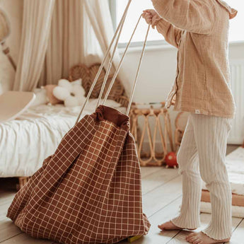 Organic Toy Storage Bag – Grid Brown - My Little Thieves