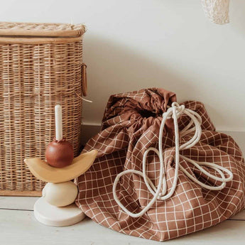 Organic Toy Storage Bag – Grid Brown - My Little Thieves