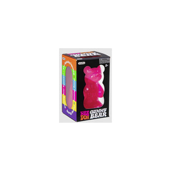 Pink NEE DOH Gummy Bear squishy fidget toy in its black and colorful retail box.