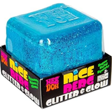 NEE DOH Nice Berg blue glitter squishy fidget toy in clear plastic cube packaging.
