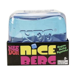 NEE DOH Nice Berg blue squishy fidget toy in clear plastic packaging with colorful "Super Solid Squish!" label.