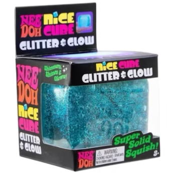 NEE DOH Nice Cube Glitter & Glow squishy fidget toy in blue, packaged in a black box.