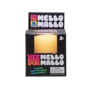 Yellow NEE DOH Mello Mallo Squishy Fidget Toy in black retail packaging.