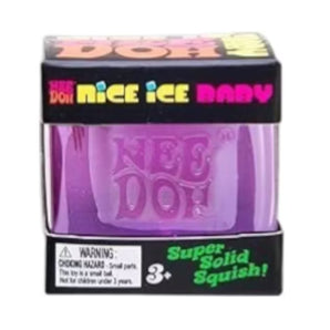 Purple NEE DOH Nice Ice Baby squishy fidget toy in its black and clear retail box.