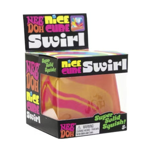 NeeDoh Nice Cube Swirl in orange, pink, and yellow, visible in its clear-fronted retail box.