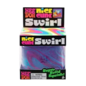 NeeDoh Nice Cube Swirl in purple, pink, and blue, packaged in a clear box.