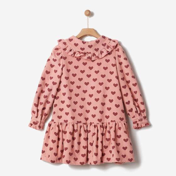Pink Hearts All Over Shirt Collar Cordurory Dress - My Little Thieves