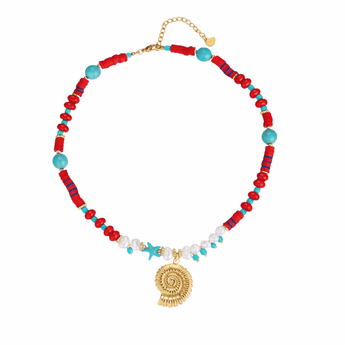 Red & Turquoise Beaded Necklace Shell Charm | Kids Jewelry - My Little Thieves