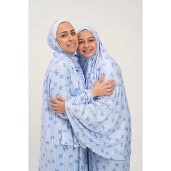 Rouqei Adult Prayer Outfit Blue Bow | Islamic Women Wear - My Little Thieves