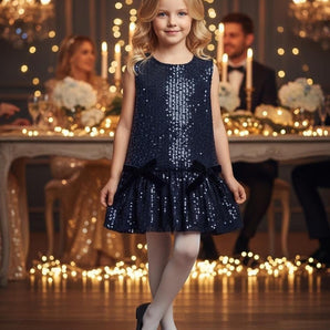 PHI Clothing - Navy sequins dress with two bows