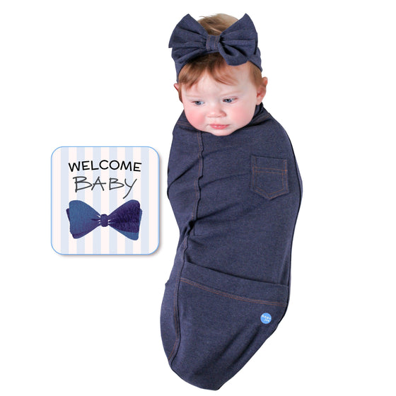 Blue Jean Swaddle with Hat and Announcement Card - My Little Thieves