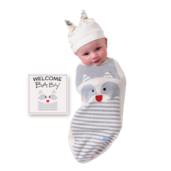 Raccoon Baby Swaddle with Hat and Announcement Card - My Little Thieves