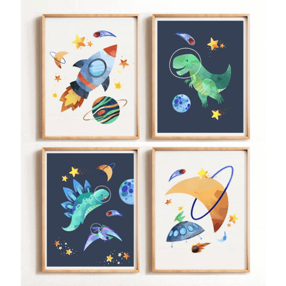 Set of 4 - Dinosaur Space Wall Art Prints - My Little Thieves