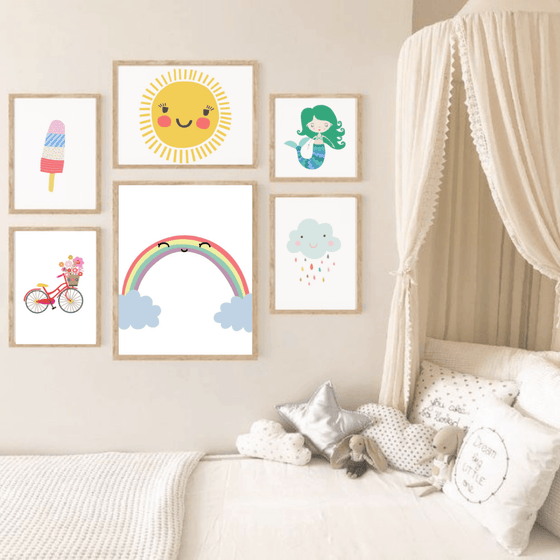 Set of 6 - Mermaid, Rainbow, Sun, Popsicle, Cloud & Bicycle Wall Art Prints - My Little Thieves